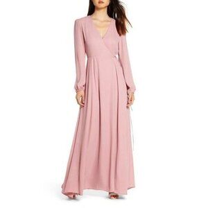 wayf champagne dress WAYF Angelina Faux Wrap Front Slit Gown, Womens, XS, Champagne